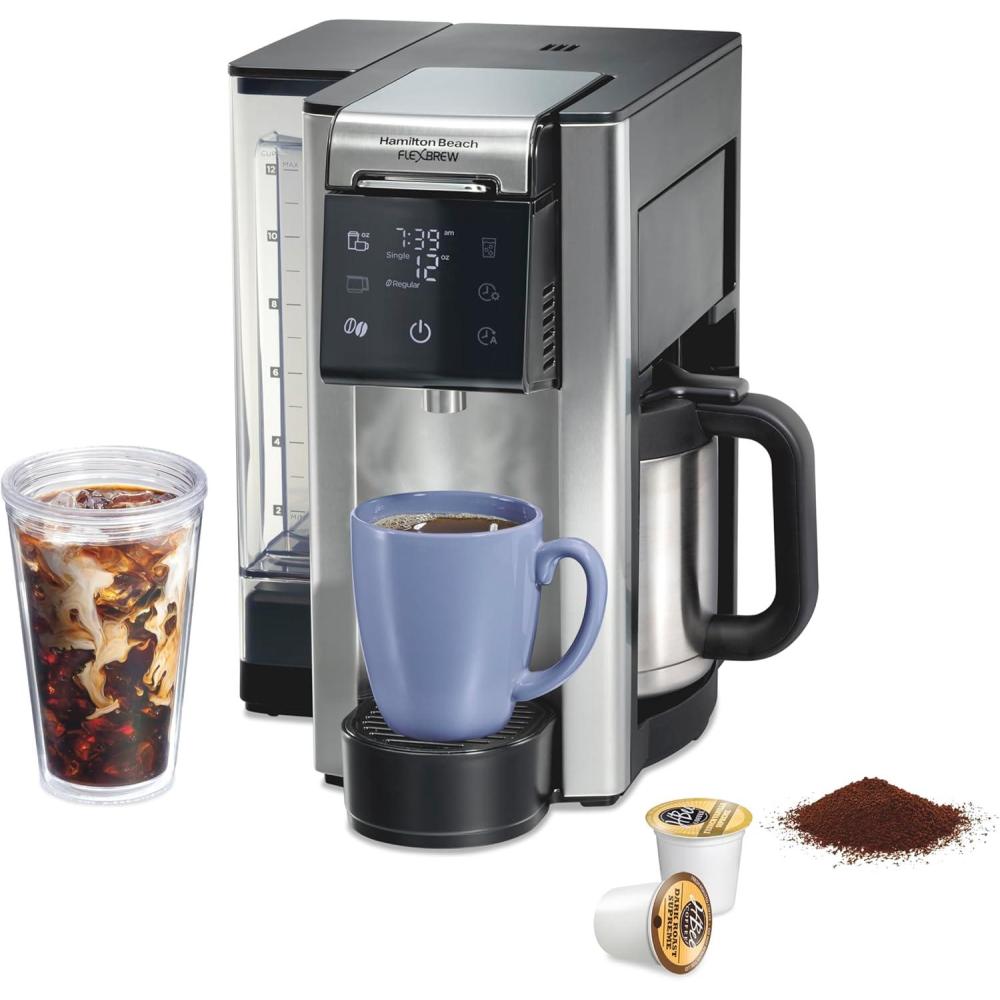 imageHamilton Beach FlexBrew Advanced 5in1 Thermal Programmable 12 Cup Drip and Single Serve Hot amp Iced Coffee Maker Movable 60oz Water Reservoir Use Pod Packs and Grounds Fast Brewing Black 49929