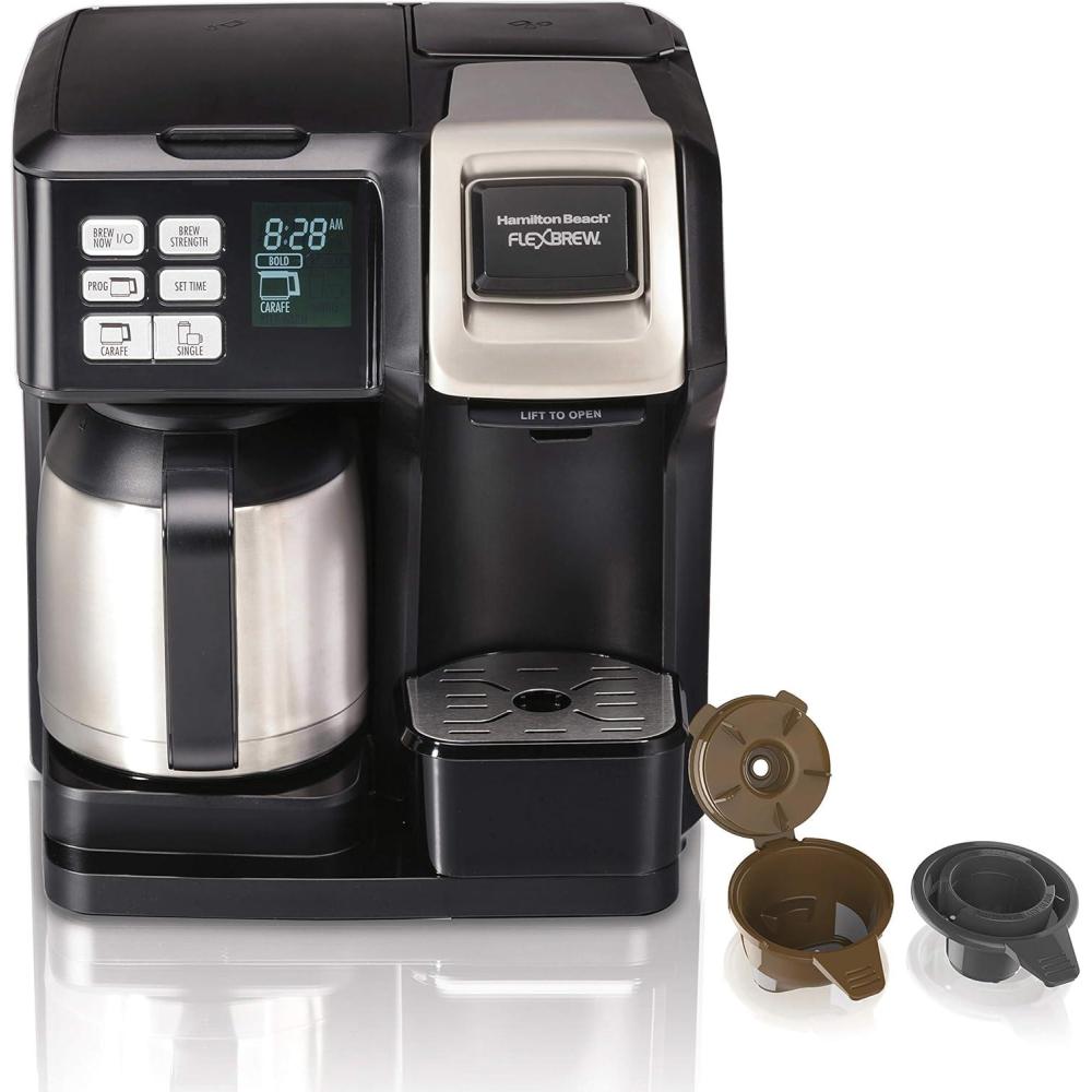 imageHamilton Beach FlexBrew Trio 2Way Coffee Maker Compatible with KCup Pods or Grounds Combo Single Serve amp Full 12c Thermal Pot Black and Stainless Fast Brewing10 Cups