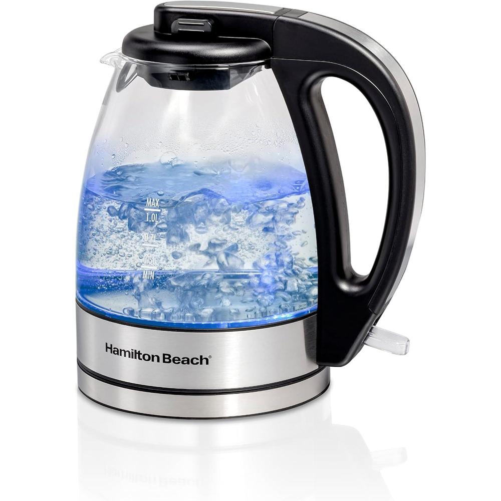 imageHamilton Beach Glass Electric Tea Kettle Water Boiler amp Heater 1 Liter 1500 Watts for Fast Boiling BPA Free Cordless Serving AutoShutoff amp BoilDry Protection Soft Blue LED 4093011 Quarts