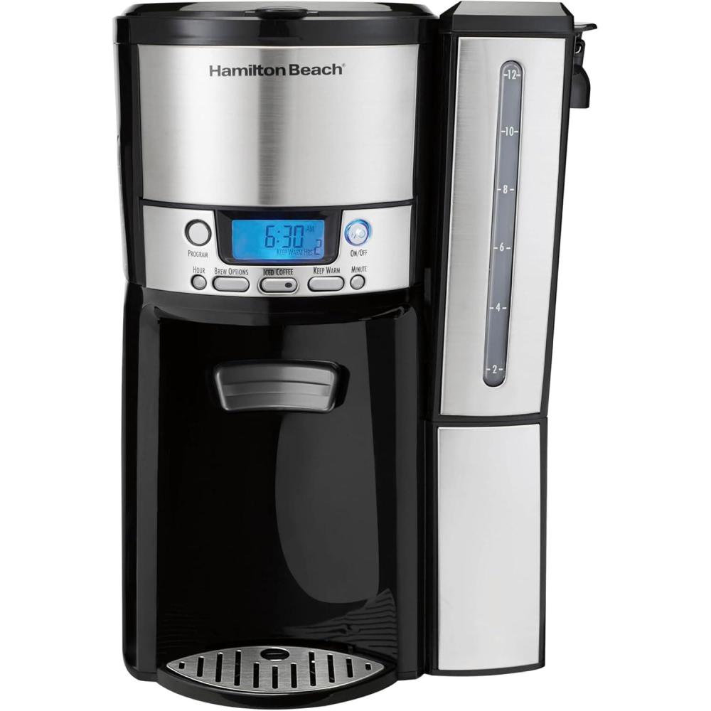 imageHamilton Beach One Press Programmable Dispensing 12 Cup Coffee Maker with Internal Coffee Pot Stays Warm and Fresh for Hours 60 oz Removable Reservoir Black amp Stainless Steel 47950Black and Silver