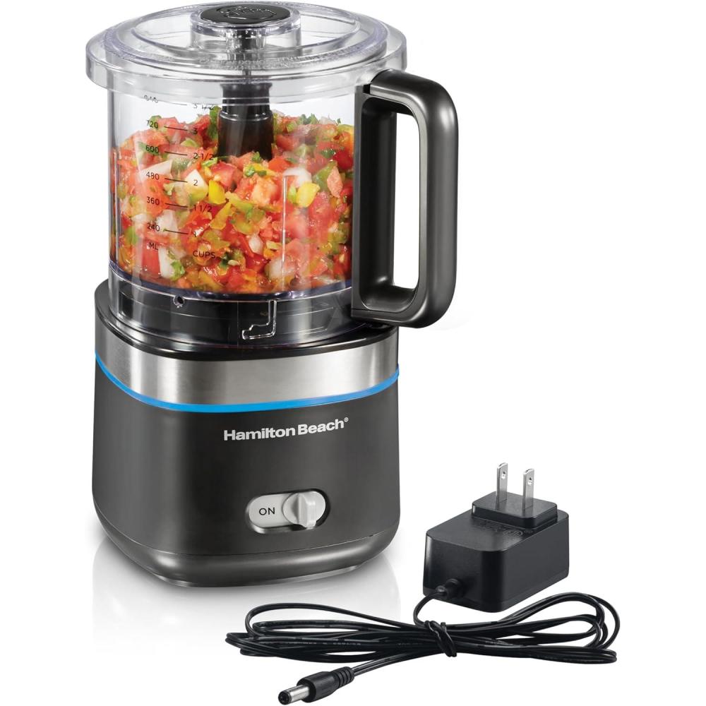imageHamilton Beach Powerful Cordless Mini Food Processor and Vegetable Chopper 4 Cup Capacity Fast Recharging Includes Power Adapter Chop Puree Emulsify Grind Dishwasher Safe Bowl Black 72880