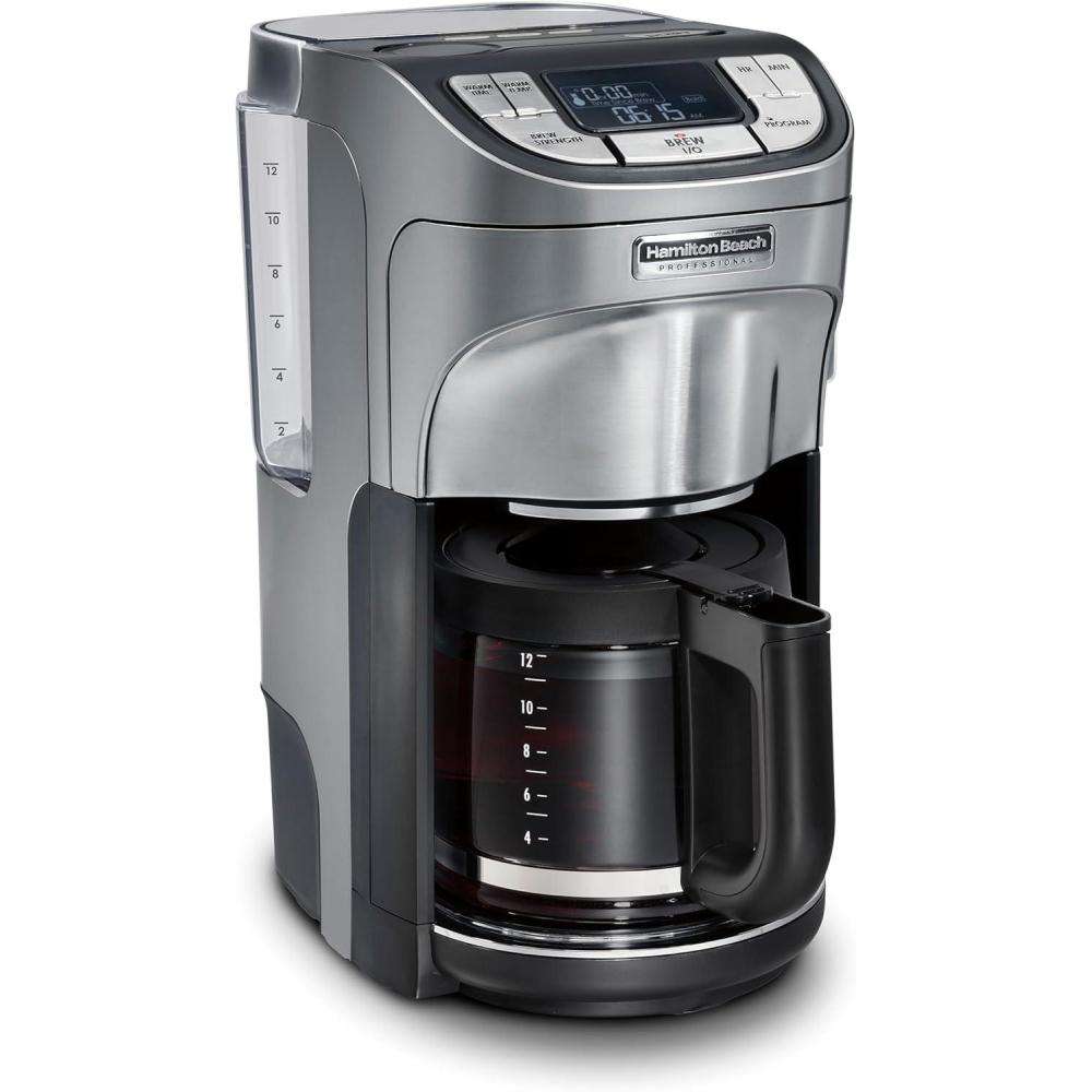 imageHamilton Beach Professional Programmable Drip Coffee Maker 12 Cup Capacity Ergonomic Carafe 60oz Removable Reservoir120 volts Brushed Metal 49500