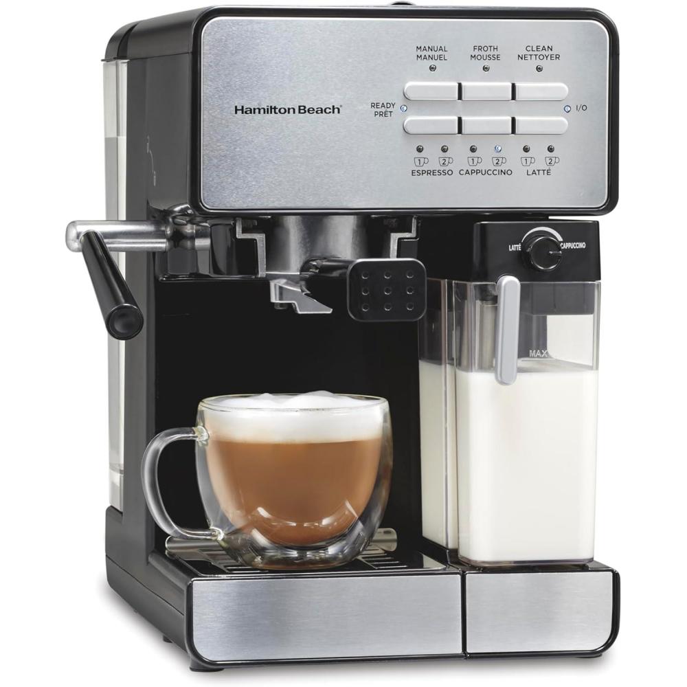 imageHamilton Beach Slide and Lock Espresso Machine Programmable Coffee Maker for CafQuality Cappuccino amp Latte 15 Bar Pump Milk Frother Steamer Wand 70 oz Removable Reservoir Black 40750