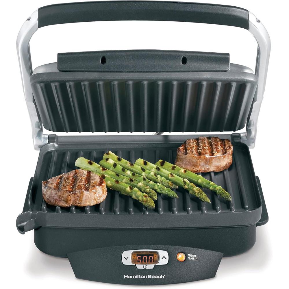 imageHamilton Beach Steak Lovers Electric Indoor Searing Grill Nonstick 100 Square Stainless Steel 25331 Black and Stainless Medium
