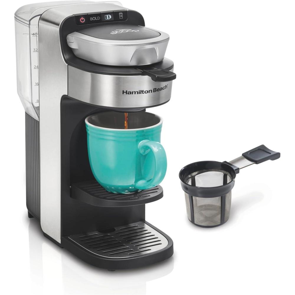 imageHamilton Beach The Scoop Single Serve Coffee Maker amp Fast Grounds Brewer for 814oz Cups Brews in Minutes 40oz Removable Reservoir Stainless Steel 49987Silver