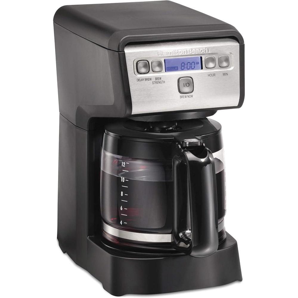 imageHamiton Beach 12 Cup Compact Programmable Drip Coffee Maker with NoDrip Burosilicate Glass Carafe 2Hour Auto Shutoff SpaceSaving Design Black with Stainless Steel Accents 46200