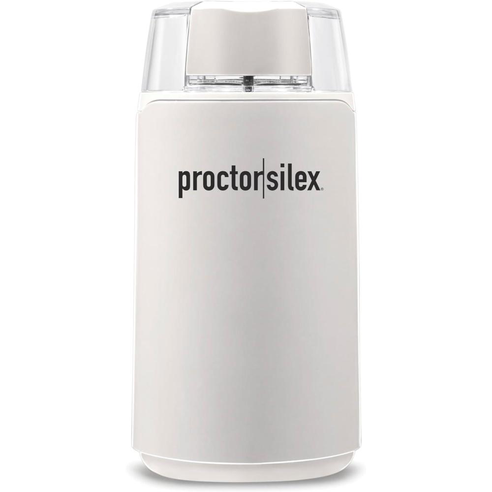 imageProctor Silex Electric Coffee Grinder for Beans Spices and More Stainless Steel Blades 12 Cups BrownWhite