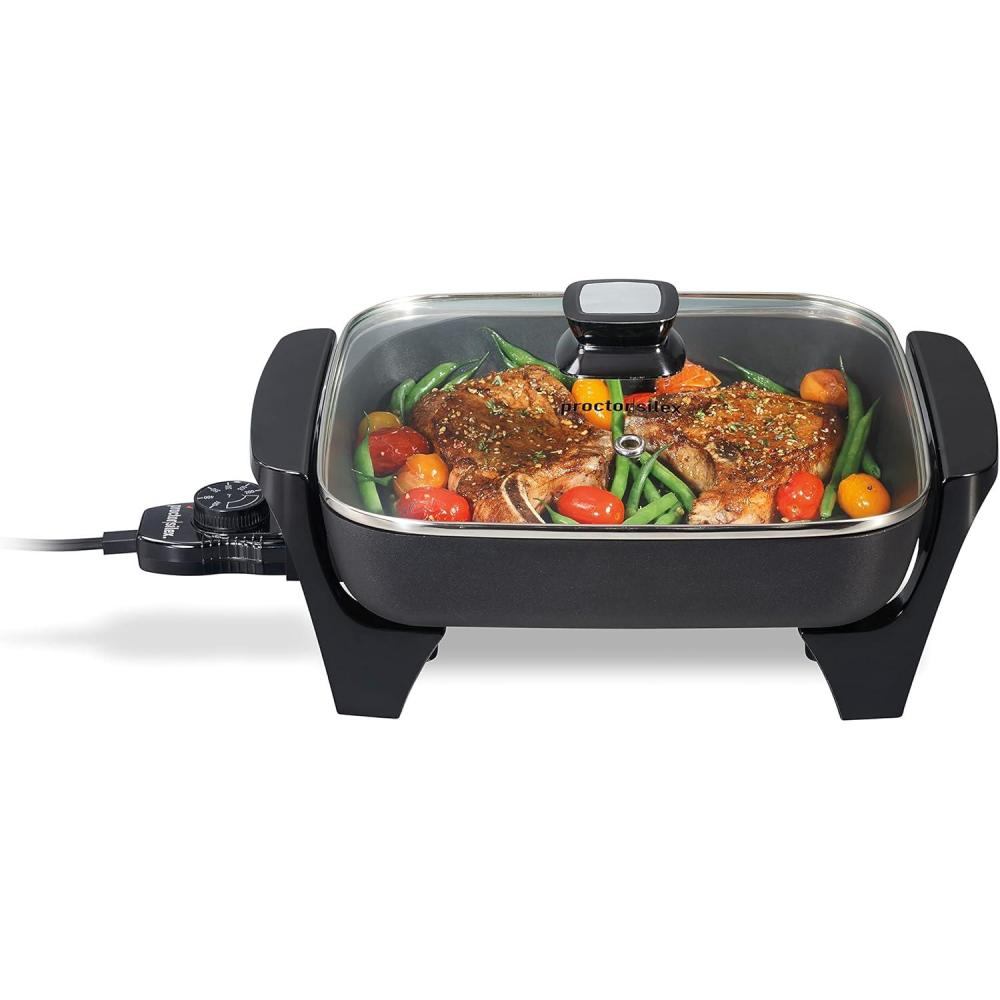 imageProctor Silex Electric Skillet with Lid 116 sq in Nonstick Cooking Surface for Frying Sauteing Simmering and Braising Adjustable Temp 200 to 400 F Black 38526PS