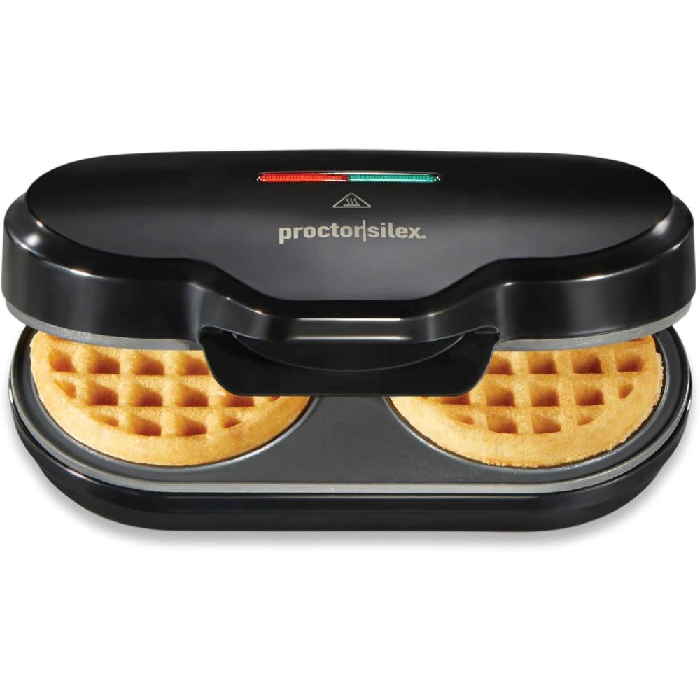 imageProctor Silex Mini Waffle Maker Machine with 4 Round Nonstick Grids Make Personalized Individual Breakfast Keto Chaffles and Hashbrowns Compact Black 26100Double Compartments