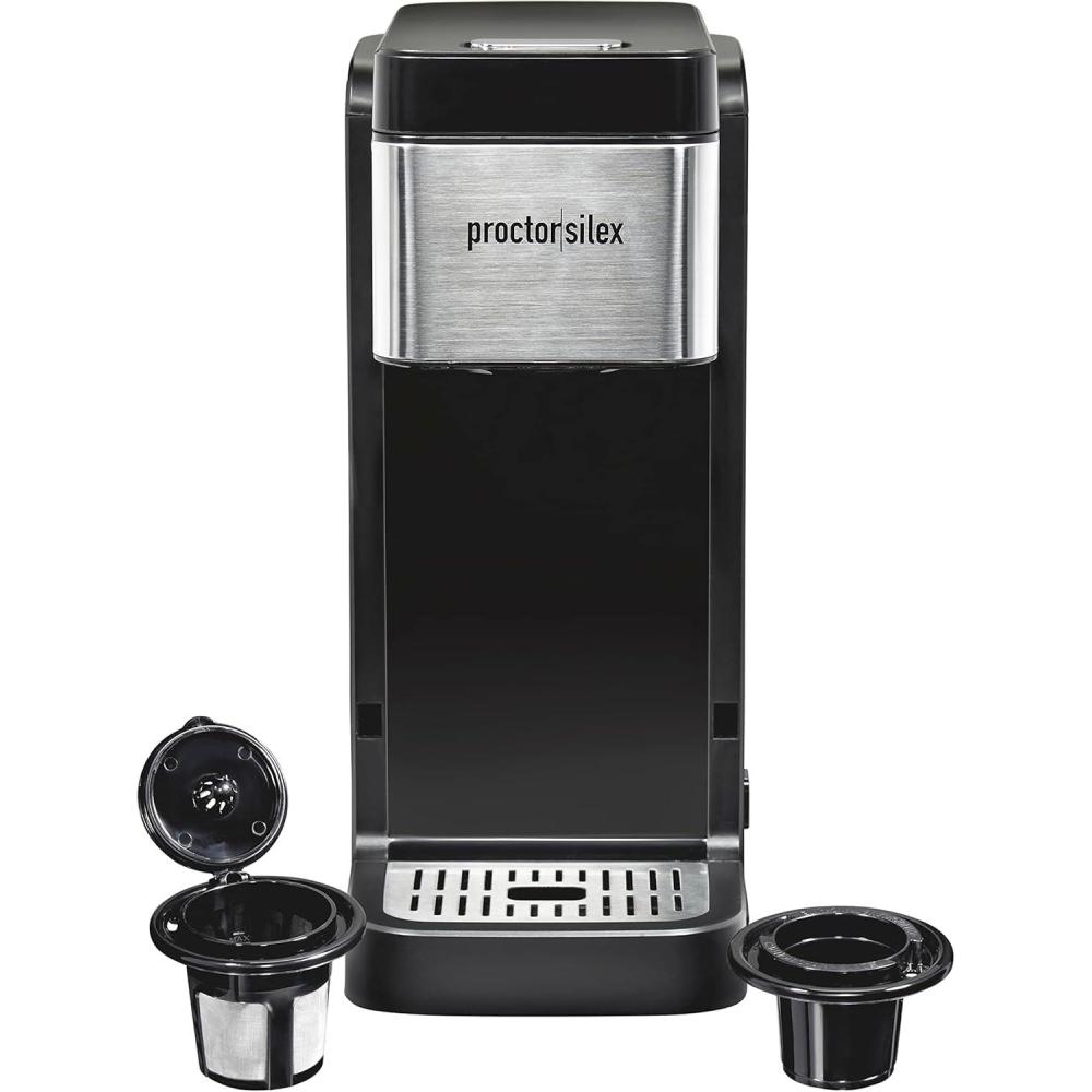 imageProctorSilex SingleServe Coffee Maker Compatible with Pod Packs and Grounds 40 oz Reservoir Makes Four 10 oz Cups Without Refilling Black amp Stainless Steel 49919