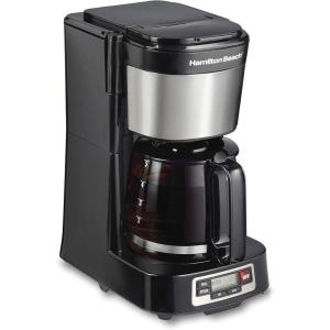 Hamilton Beach 5 Cup Drip Coffee Maker with Easy FrontFill Basket, Compact Design, Programmable Clock, Glass Carafe, Auto Pause and Pour, Black & Stainless Steel (46111)(5 Cup  Programmable Clock)