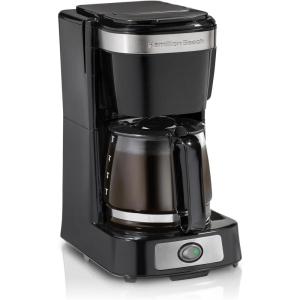 Hamilton Beach 5 Cup Drip Coffee Maker with Easy FrontFill Basket, Compact Design, Programmable Clock, Glass Carafe, Auto Pause and Pour, Black & Stainless Steel (46111)(5 Cup  Works with Smart Plugs)