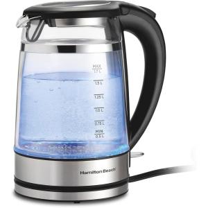 Hamilton Beach Double Wall 1.7L Electric Kettle, Water Boiler & Heater, Built-In Mesh Filter, Auto-Shutoff & Boil-Dry Protection, Cordless Serving, Variable LED Indicator, Glass (40850)(1.8 Quarts)