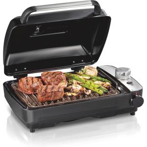 Hamilton Beach Electric Indoor Grill with Hot and Cold Smoke Infuser, 150°F – 450°F Temperature Control For Searing, Vented Hood and Fan, 116 Sq. In. Non-Stick Cooking Surface, Black (25375)
