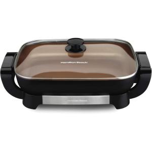 Hamilton Beach Electric Skillet with PFAS-Free Durathon Ceramic Coating, Removable 12×15” Pan, Adjustable Temperature, Reversible Design, Tempered Glass Lid, Black Nonstick Surface (38531)(Copper Colored Nonstick Surface)