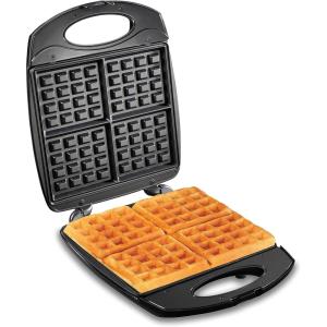 Hamilton Beach Non-Stick Belgian Waffle Maker with Indicator Lights, Makes 4 4″ x 5″ Mini Waffles, Hashbrowns or Keto Chaffles at Once, Compact Design for Easy Storage, Black & Stainless Steel (26020)(4-Slice)