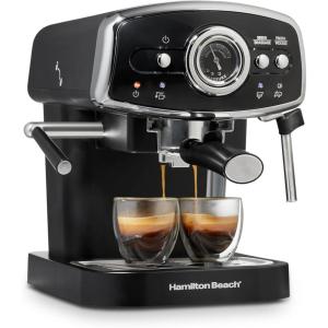 Hamilton Beach Slide & Lock Espresso Machine With Milk Frother Steam Wand For Cappuccino & Latte, 15 Bar Pump and Two Spouts, Removable Reservoir, Compact, Retro Design, White (40731)(Black)