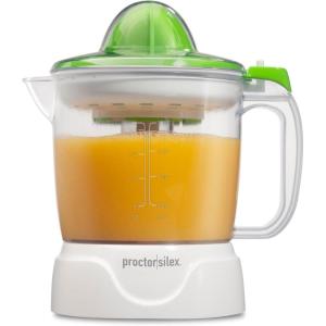 Proctor Silex Electric Citrus Juicer Machine, Large 34 oz. Pitcher, Pressure Activated, 2 Reamers for Big and Small Fruit, Pulp Control, for Orange, Lemon, Grapefruit Juice, White & Green (66340)(White & Green)