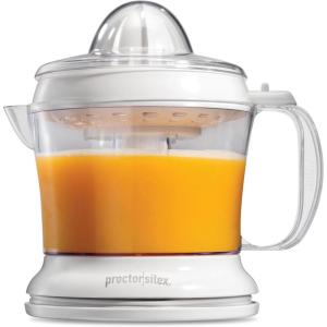 Proctor Silex Electric Citrus Juicer Machine, Large 34 oz. Pitcher, Pressure Activated, 2 Reamers for Big and Small Fruit, Pulp Control, for Orange, Lemon, Grapefruit Juice, White & Green (66340)(White)