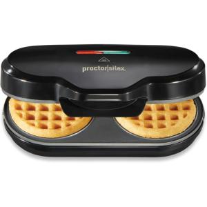 Proctor Silex Mini Waffle Maker Machine with 4” Round Non-stick Grids, Make Personalized Individual Breakfast Keto Chaffles and Hashbrowns, Compact, Black (26100)(Double Compartments)