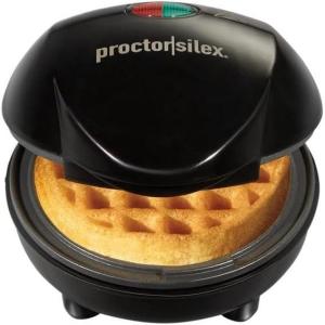 Proctor Silex Mini Waffle Maker Machine with 4” Round Non-stick Grids, Make Personalized Individual Breakfast Keto Chaffles and Hashbrowns, Compact, Black (26100)(Single Compartment)