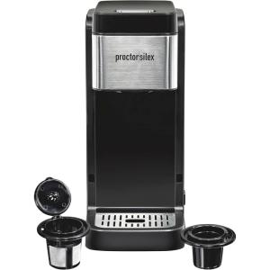 Proctor-Silex Single-Serve Coffee Maker Compatible with Pod Packs and Grounds, 40 oz. Reservoir Makes Four 10 oz. Cups Without Refilling, Black & Stainless Steel (49919)