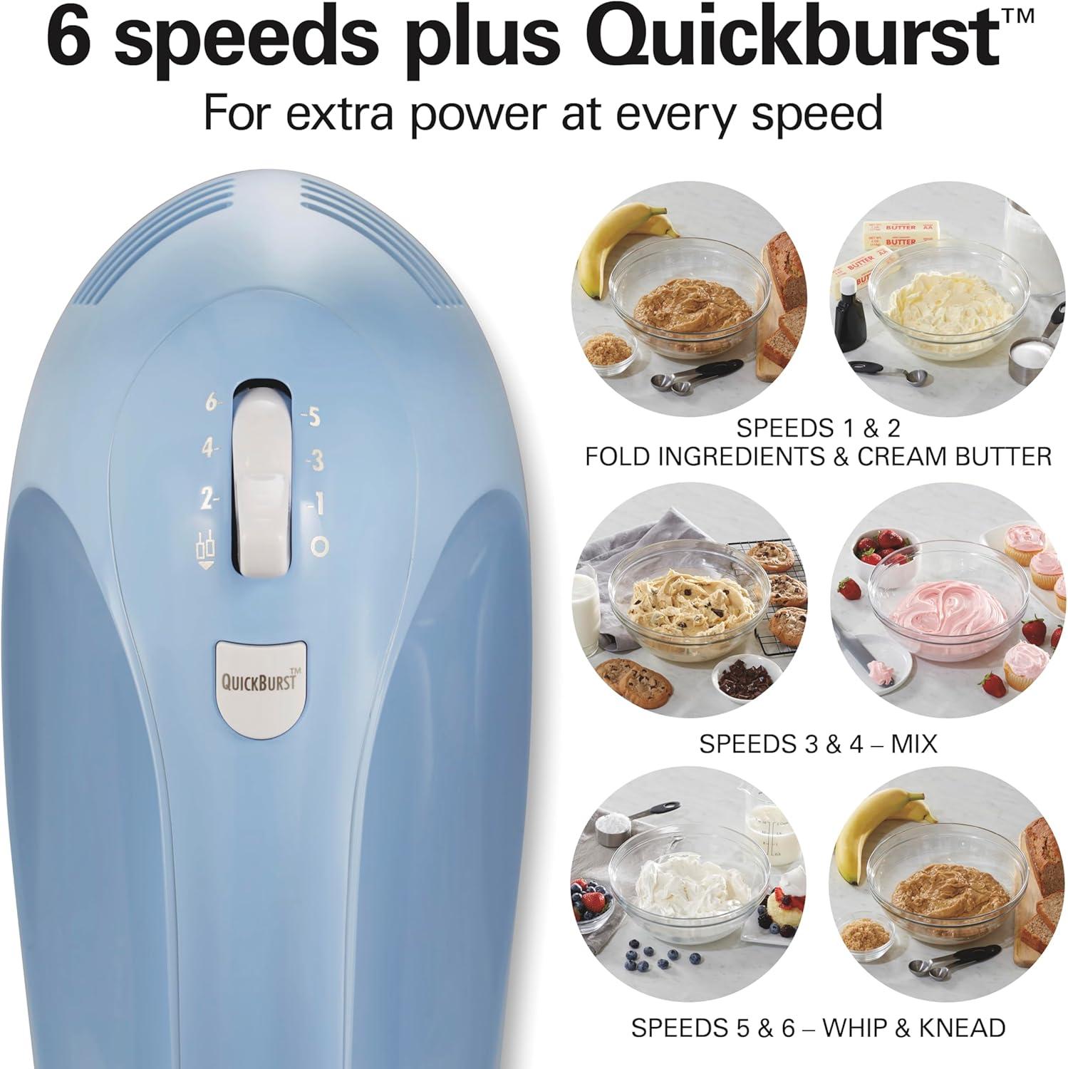 imageHamilton Beach 6Speed Electric Hand Mixer with Whisk Dough Hooks and Easy Clean Beaters Powerful 275 Watt Motor SnapOn Storage Case BlackBlue