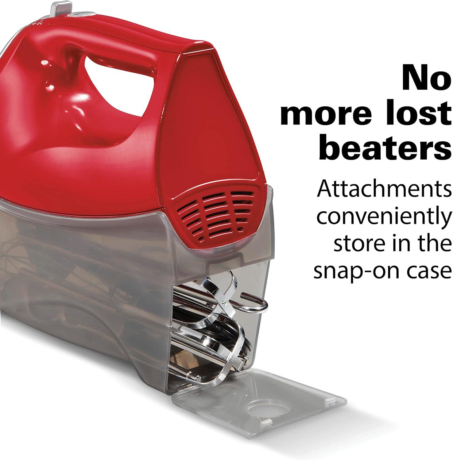 imageHamilton Beach 6Speed Electric Hand Mixer with Whisk Traditional Beaters Dough Hooks SnapOn Storage Case 275 Watts RedRed