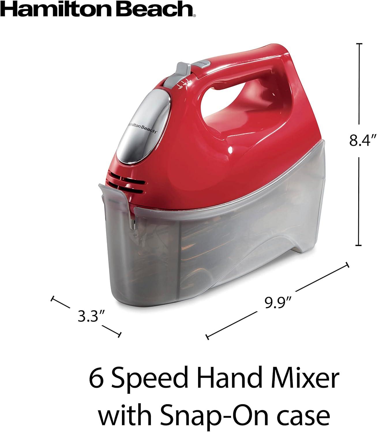 imageHamilton Beach 6Speed Electric Hand Mixer with Whisk Traditional Beaters Dough Hooks SnapOn Storage Case 275 Watts RedRed