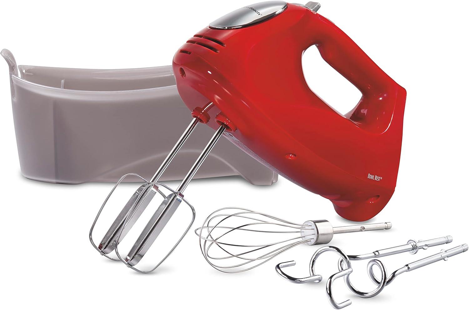 imageHamilton Beach 6Speed Electric Hand Mixer with Whisk Traditional Beaters Dough Hooks SnapOn Storage Case 275 Watts RedRed