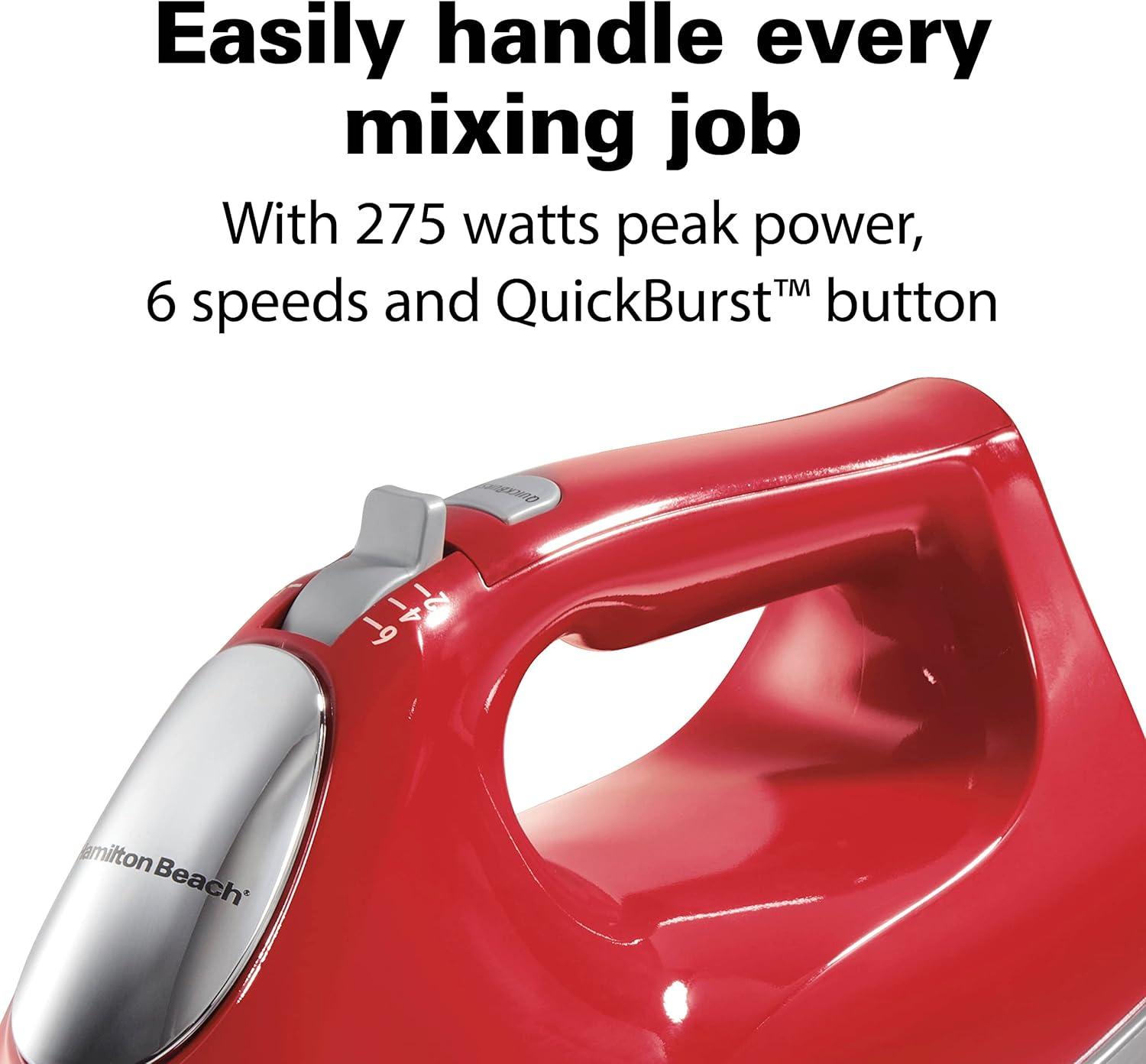 imageHamilton Beach 6Speed Electric Hand Mixer with Whisk Traditional Beaters Dough Hooks SnapOn Storage Case 275 Watts RedRed