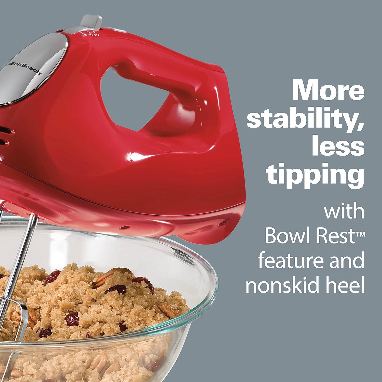 imageHamilton Beach 6Speed Electric Hand Mixer with Whisk Traditional Beaters Dough Hooks SnapOn Storage Case 275 Watts RedRed