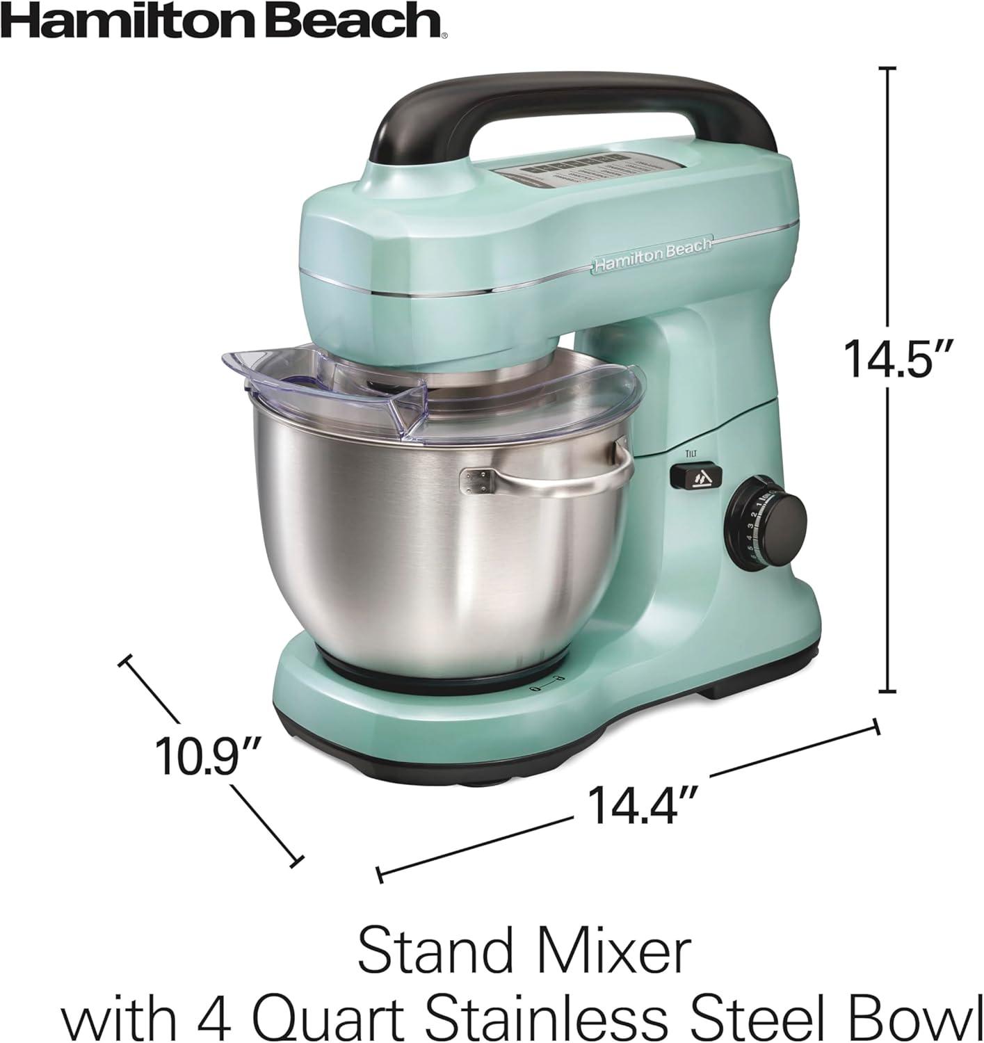 imageHamilton Beach Electric Stand Mixer 4 Quarts Dough Hook Flat Beater Attachments Splash Guard 7 Speeds with Whisk EasyCarry Top Handle BlueAqua