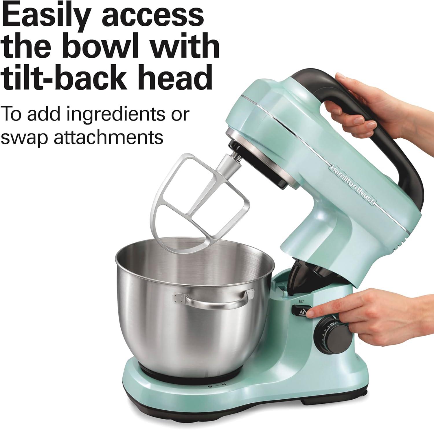 imageHamilton Beach Electric Stand Mixer 4 Quarts Dough Hook Flat Beater Attachments Splash Guard 7 Speeds with Whisk EasyCarry Top Handle BlueAqua