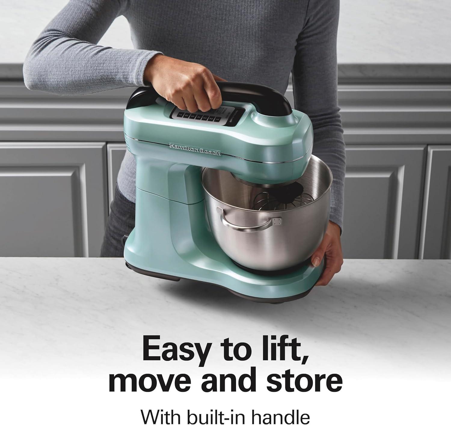 imageHamilton Beach Electric Stand Mixer 4 Quarts Dough Hook Flat Beater Attachments Splash Guard 7 Speeds with Whisk EasyCarry Top Handle BlueAqua