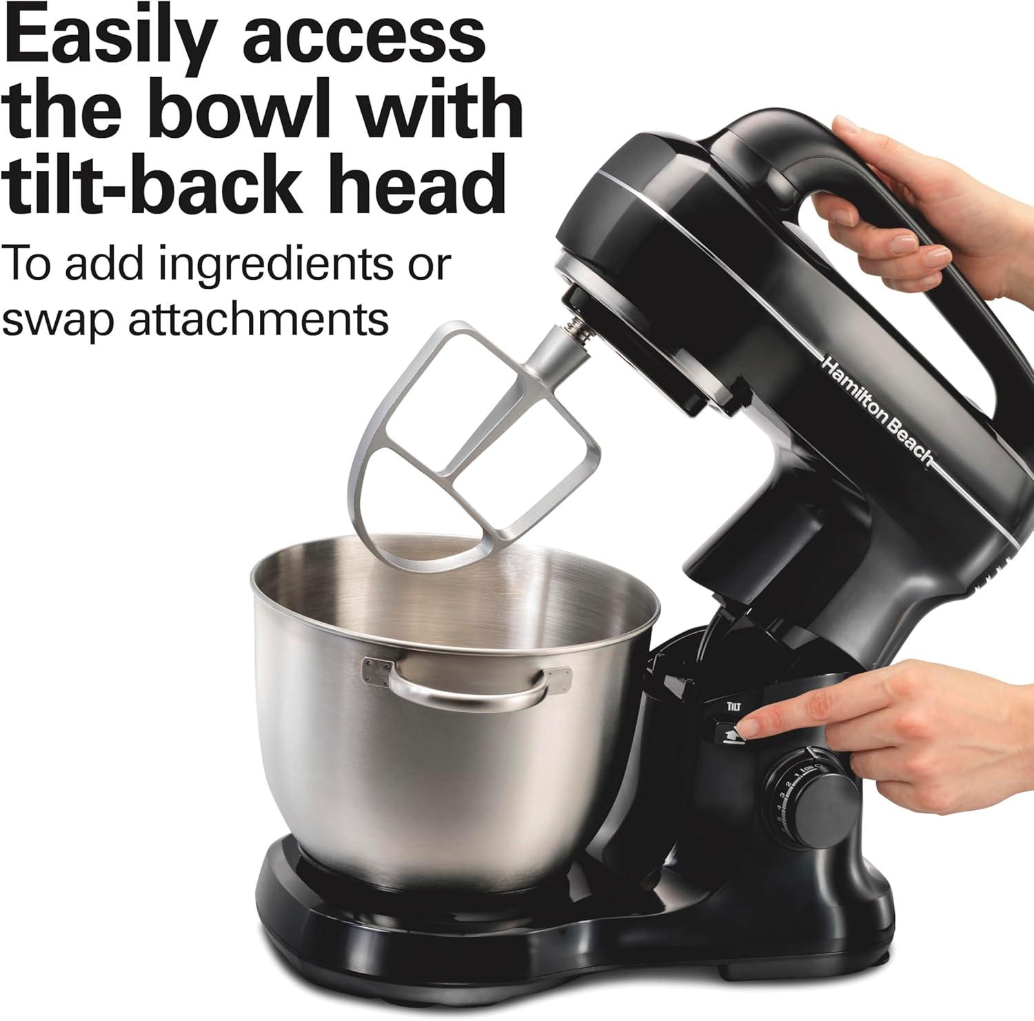 imageHamilton Beach Electric Stand Mixer 4 Quarts Dough Hook Flat Beater Attachments Splash Guard 7 Speeds with Whisk EasyCarry Top Handle BlueBlack
