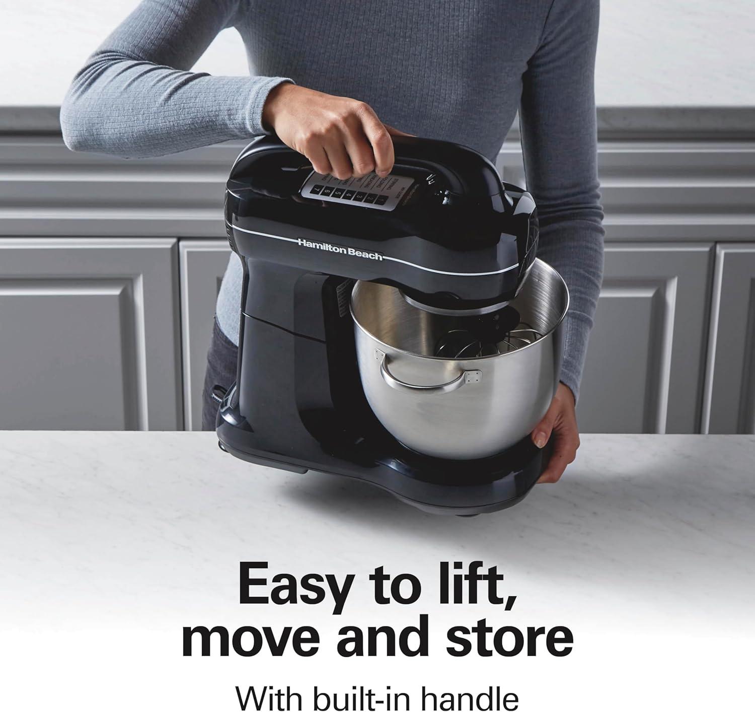 imageHamilton Beach Electric Stand Mixer 4 Quarts Dough Hook Flat Beater Attachments Splash Guard 7 Speeds with Whisk EasyCarry Top Handle BlueBlack