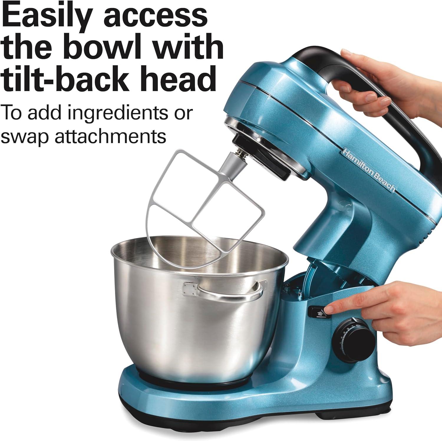 imageHamilton Beach Electric Stand Mixer 4 Quarts Dough Hook Flat Beater Attachments Splash Guard 7 Speeds with Whisk EasyCarry Top Handle BlueBlue