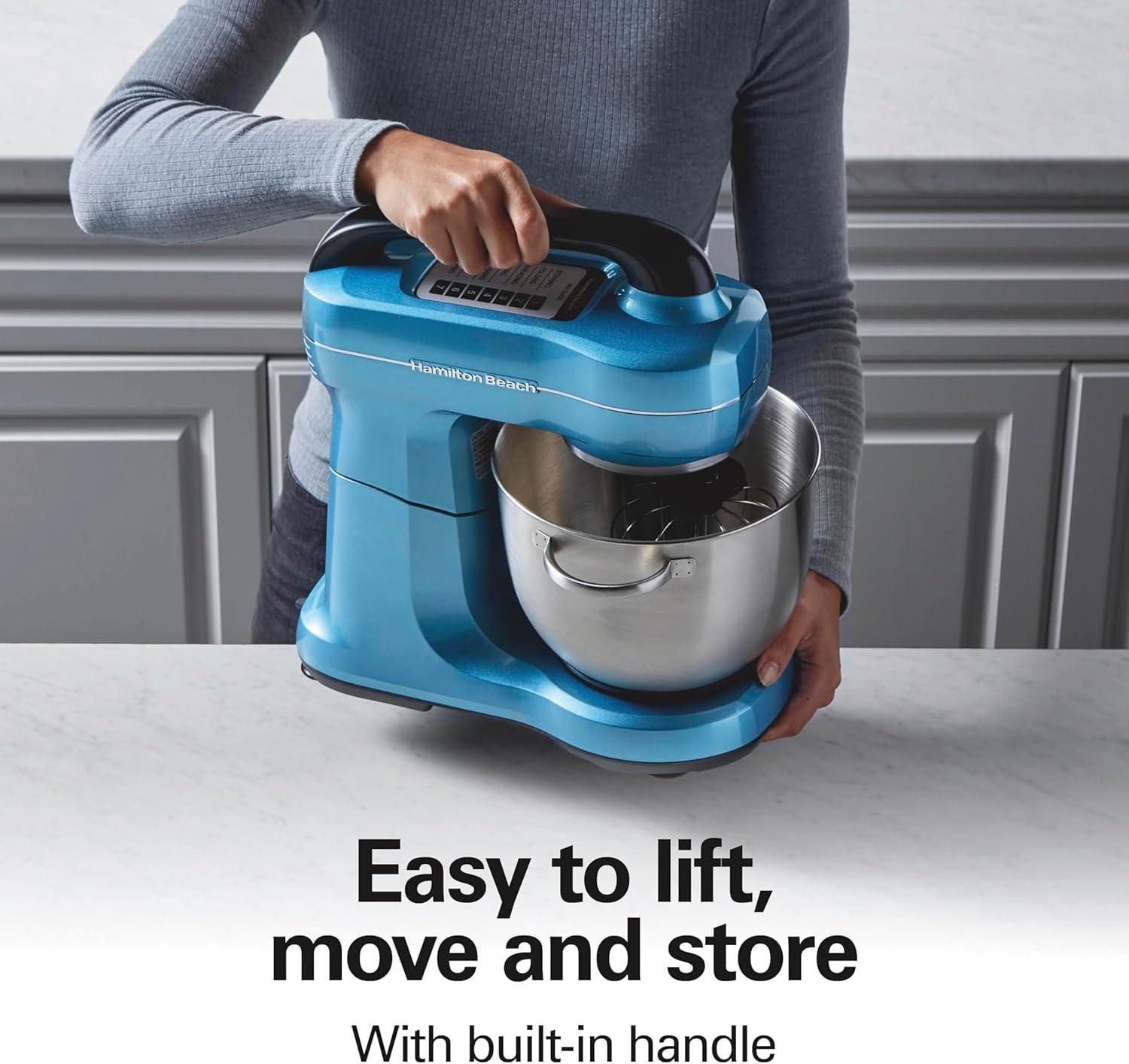 imageHamilton Beach Electric Stand Mixer 4 Quarts Dough Hook Flat Beater Attachments Splash Guard 7 Speeds with Whisk EasyCarry Top Handle BlueBlue
