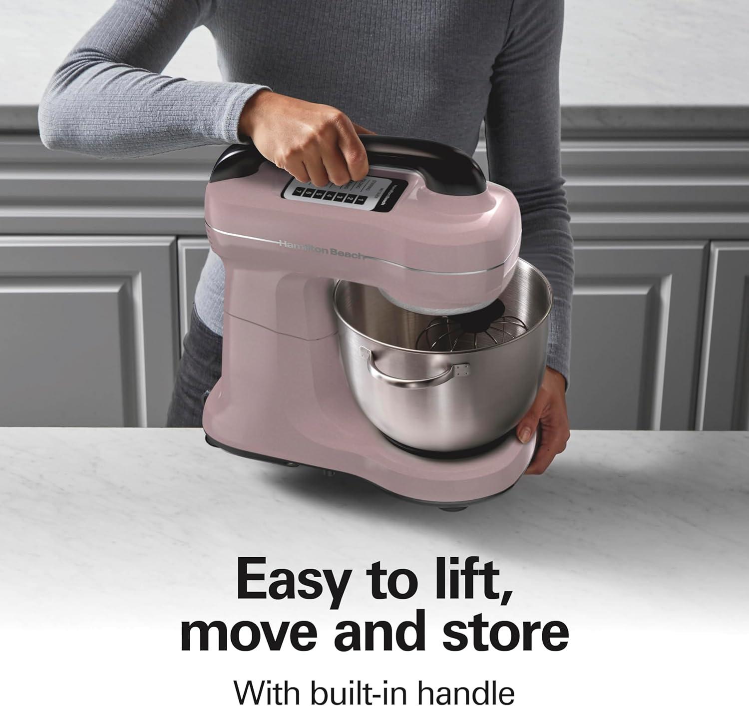 imageHamilton Beach Electric Stand Mixer 4 Quarts Dough Hook Flat Beater Attachments Splash Guard 7 Speeds with Whisk EasyCarry Top Handle BluePink