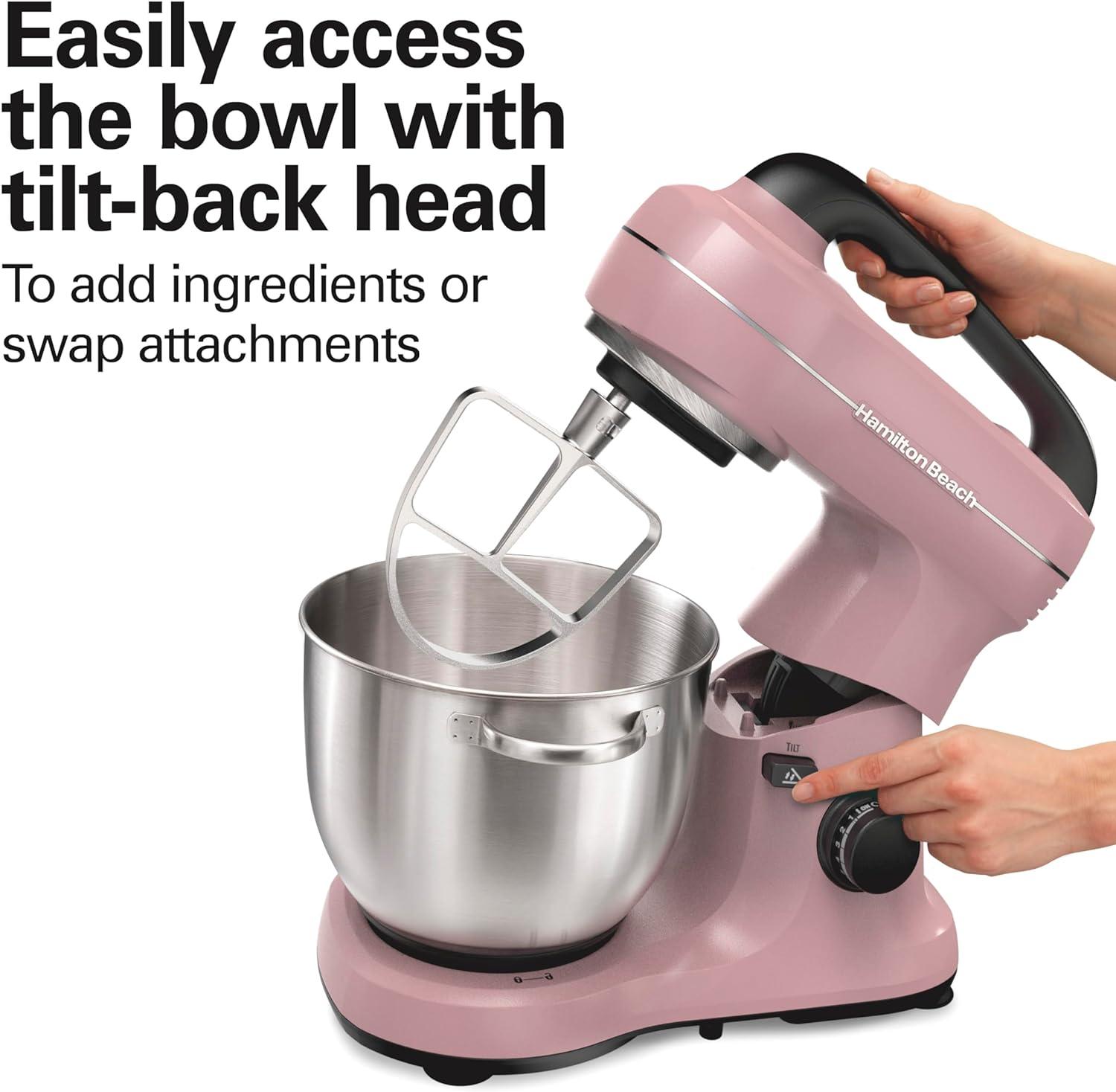 imageHamilton Beach Electric Stand Mixer 4 Quarts Dough Hook Flat Beater Attachments Splash Guard 7 Speeds with Whisk EasyCarry Top Handle BluePink