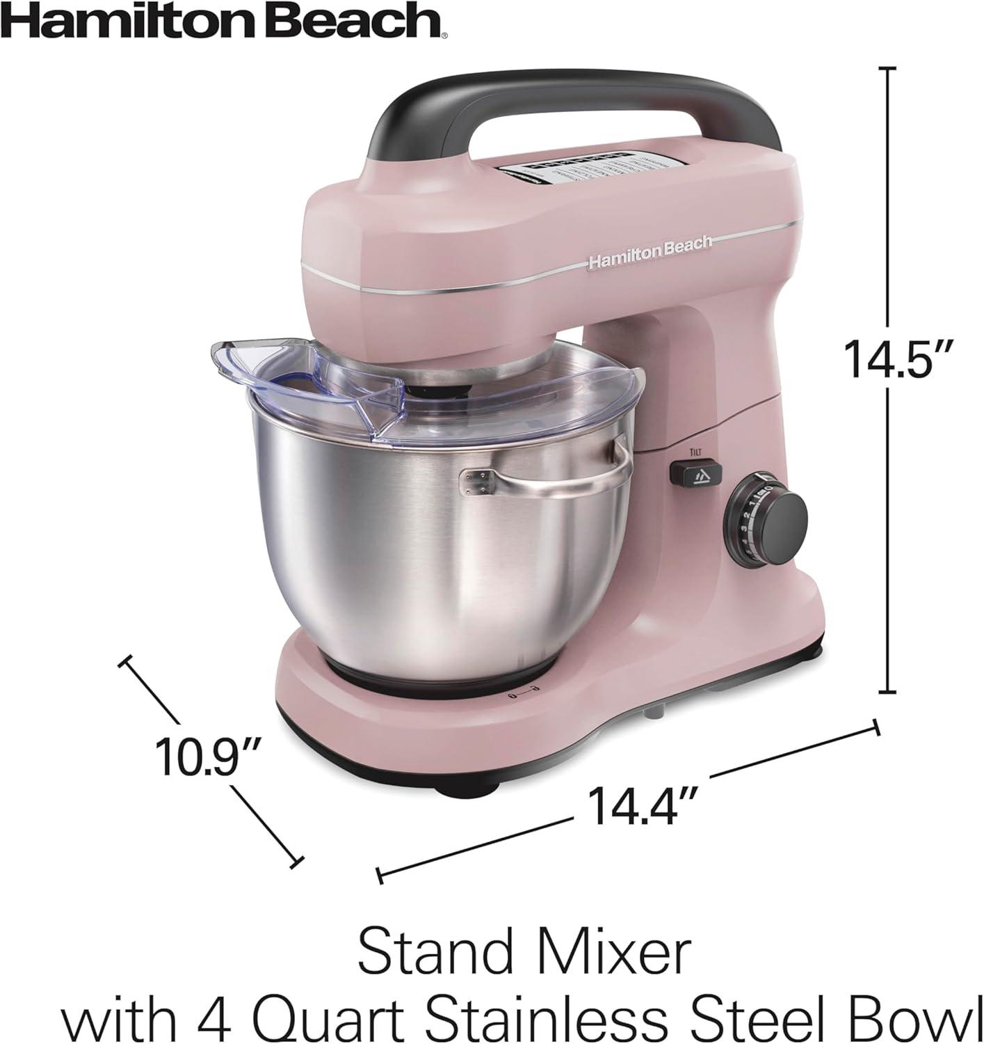 imageHamilton Beach Electric Stand Mixer 4 Quarts Dough Hook Flat Beater Attachments Splash Guard 7 Speeds with Whisk EasyCarry Top Handle BluePink