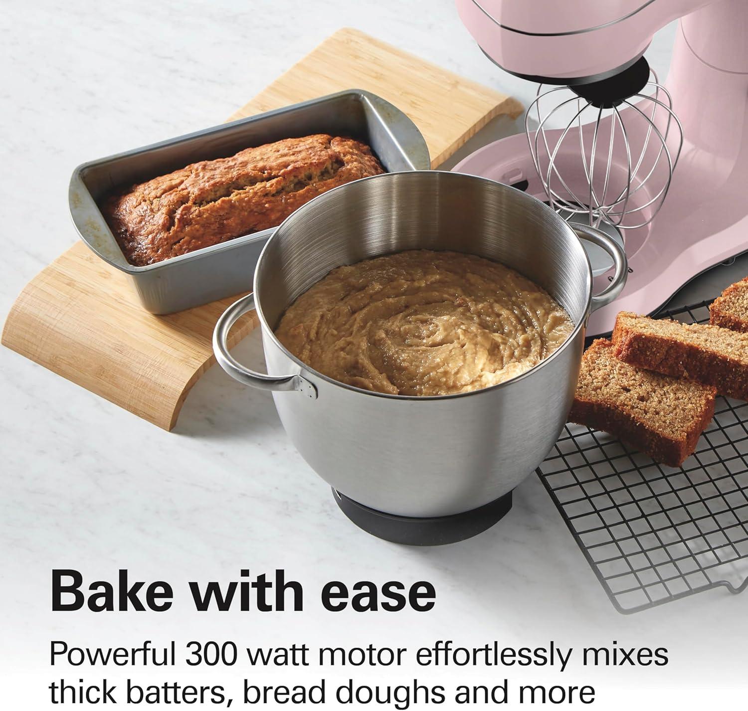 imageHamilton Beach Electric Stand Mixer 4 Quarts Dough Hook Flat Beater Attachments Splash Guard 7 Speeds with Whisk EasyCarry Top Handle BluePink