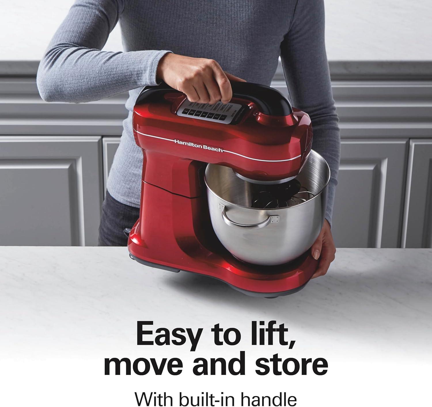 imageHamilton Beach Electric Stand Mixer 4 Quarts Dough Hook Flat Beater Attachments Splash Guard 7 Speeds with Whisk EasyCarry Top Handle BlueRed