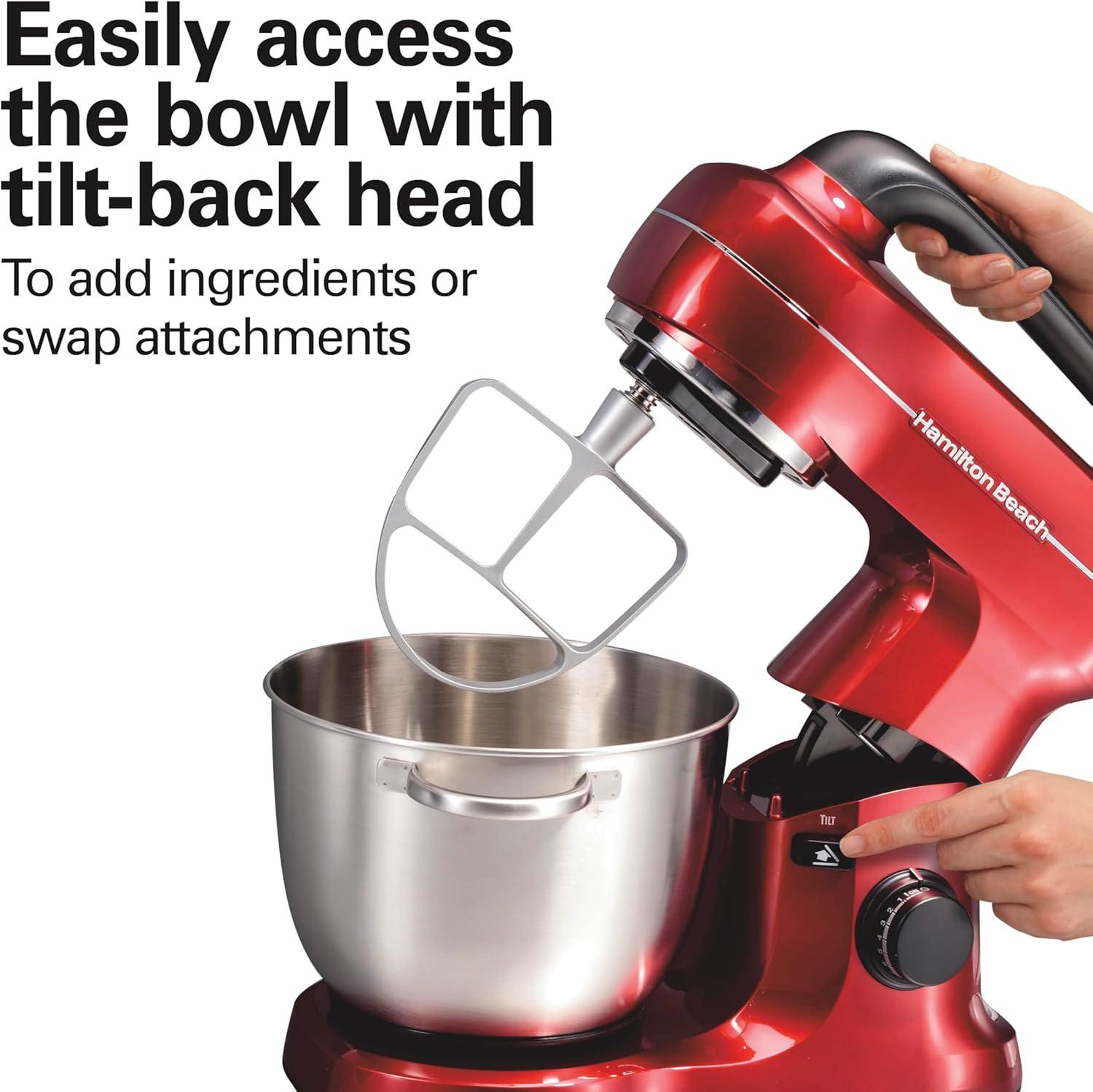 imageHamilton Beach Electric Stand Mixer 4 Quarts Dough Hook Flat Beater Attachments Splash Guard 7 Speeds with Whisk EasyCarry Top Handle BlueRed