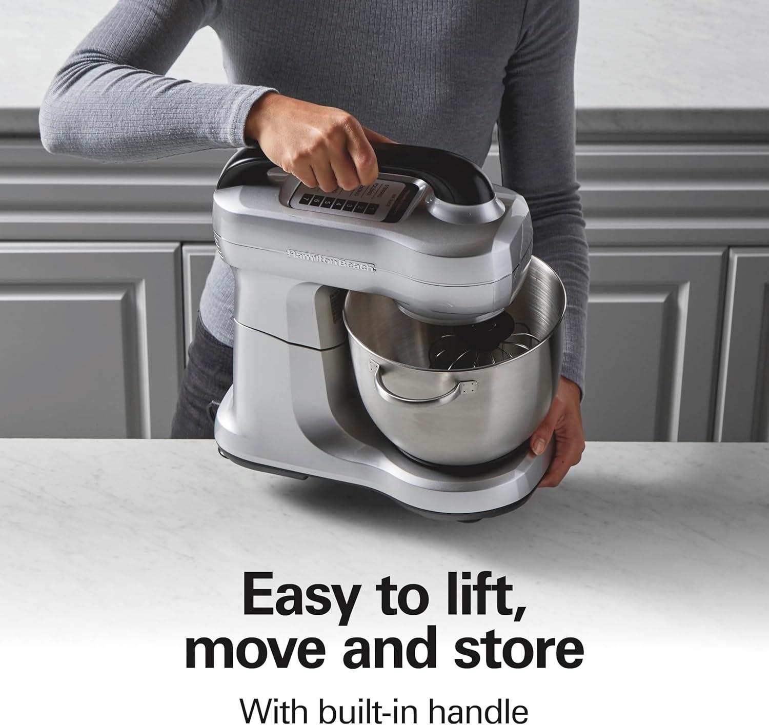 imageHamilton Beach Electric Stand Mixer 4 Quarts Dough Hook Flat Beater Attachments Splash Guard 7 Speeds with Whisk EasyCarry Top Handle BlueSilver