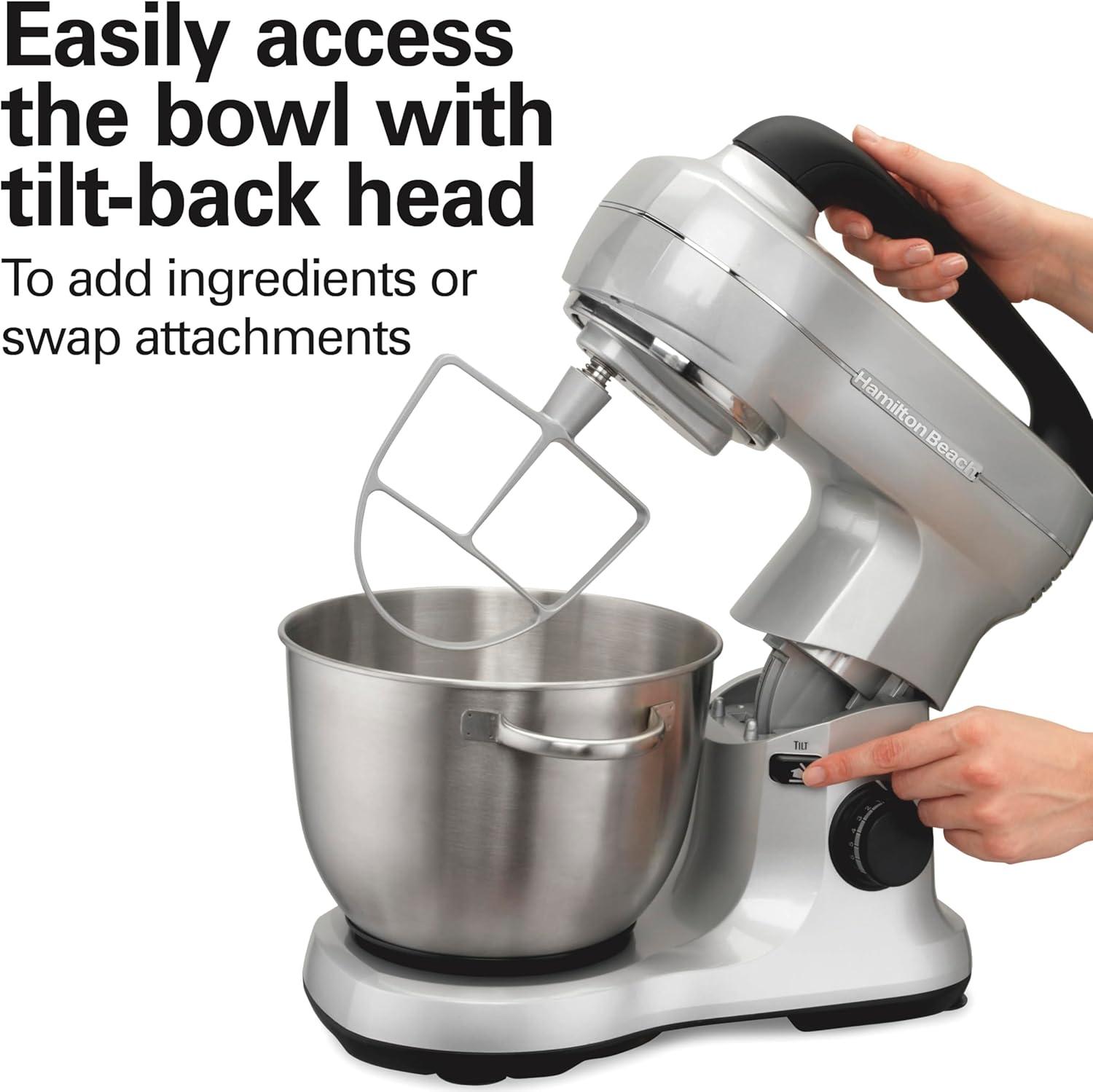 imageHamilton Beach Electric Stand Mixer 4 Quarts Dough Hook Flat Beater Attachments Splash Guard 7 Speeds with Whisk EasyCarry Top Handle BlueSilver