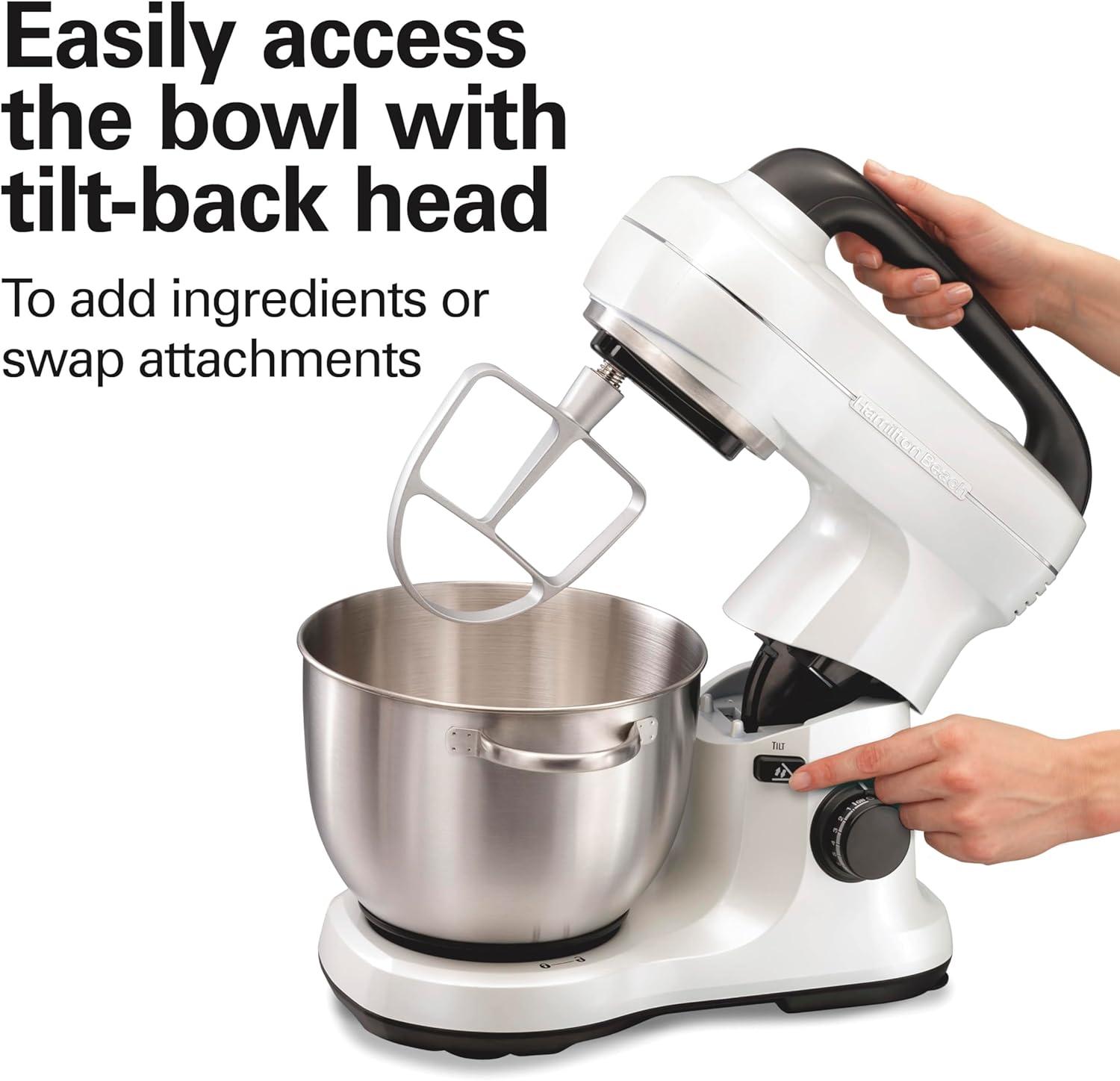 imageHamilton Beach Electric Stand Mixer 4 Quarts Dough Hook Flat Beater Attachments Splash Guard 7 Speeds with Whisk EasyCarry Top Handle BlueWhite