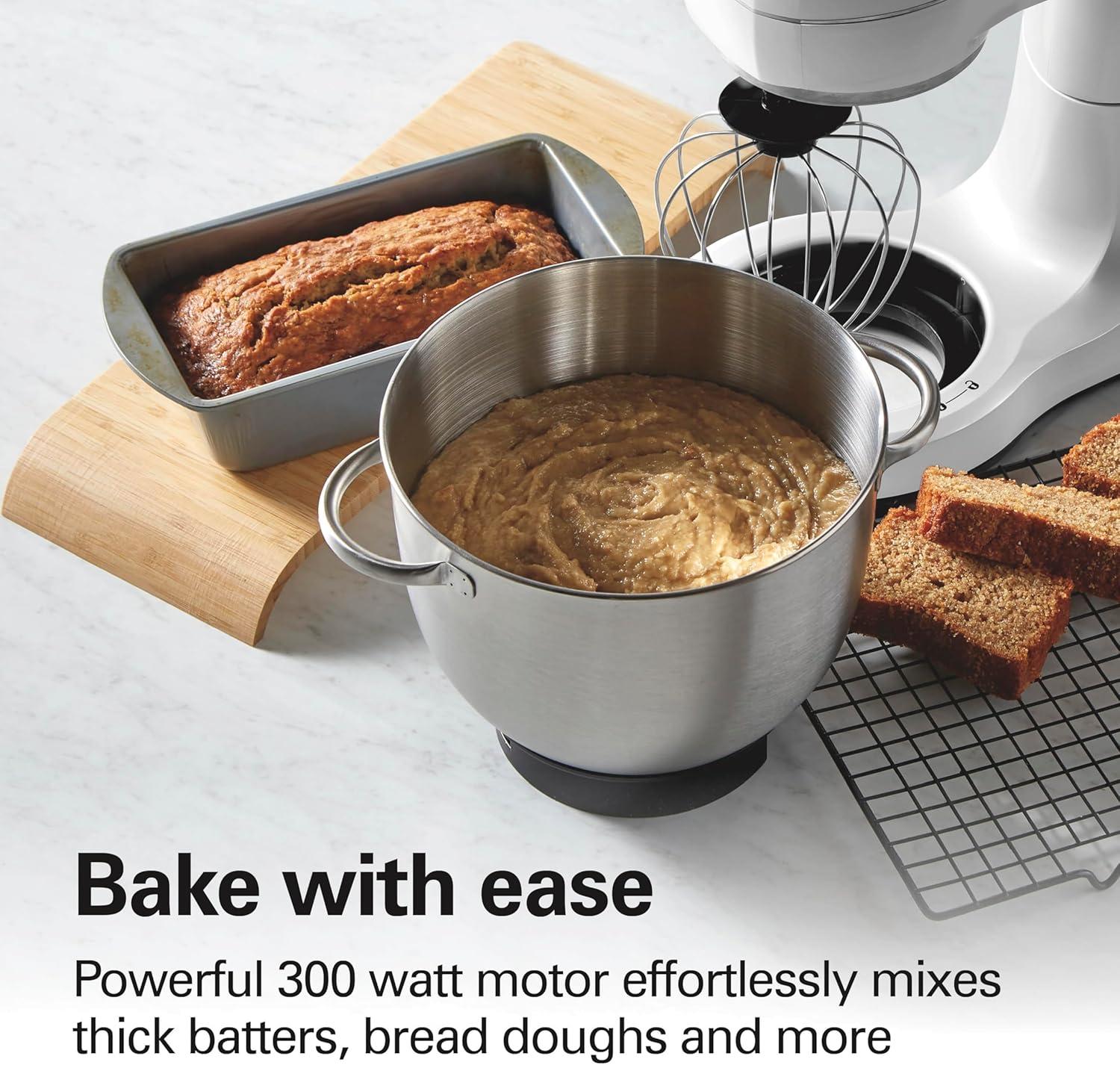 imageHamilton Beach Electric Stand Mixer 4 Quarts Dough Hook Flat Beater Attachments Splash Guard 7 Speeds with Whisk EasyCarry Top Handle BlueWhite