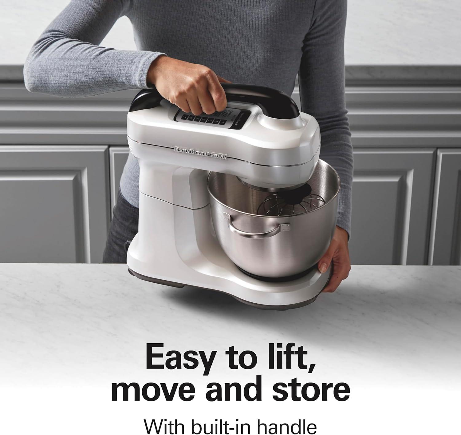 imageHamilton Beach Electric Stand Mixer 4 Quarts Dough Hook Flat Beater Attachments Splash Guard 7 Speeds with Whisk EasyCarry Top Handle BlueWhite